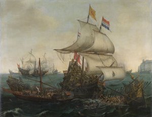 Hollandske skibe, der rammer spanske galejer ud for den engelske kyst, 3. oktober 1602